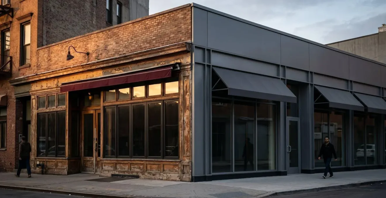 Symbolic urban street corner showing contrast between independent vintage storefront and modern minimalist commercial space