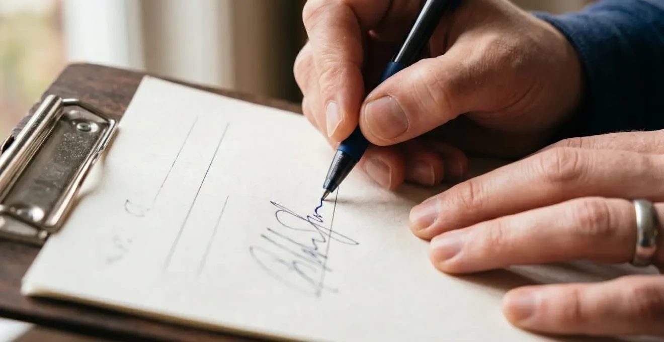 Close-up view of hands signing a paper petition on a wooden clipboard during community organizing