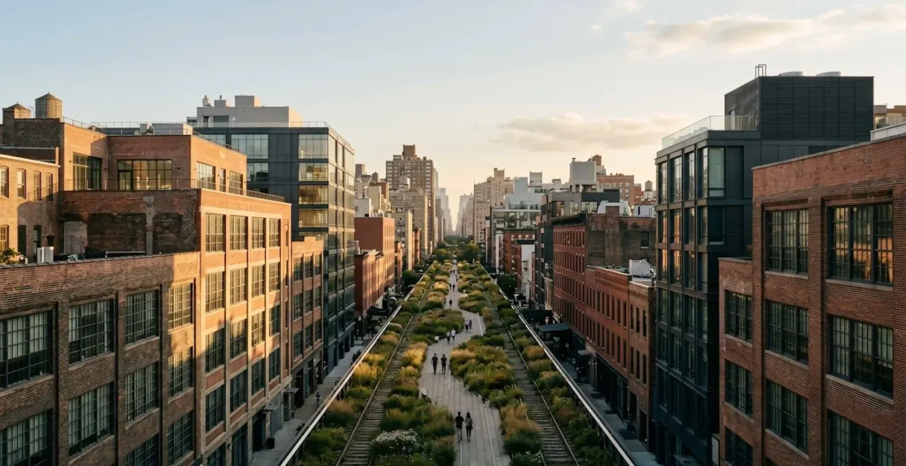 Wide aerial perspective of the High Line elevated park cutting through Chelsea gallery district