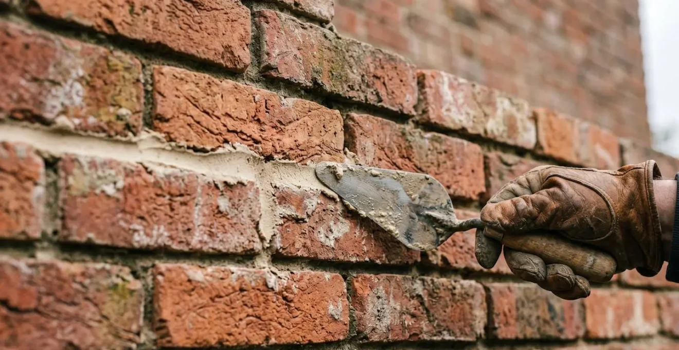 Detailed macro shot of weathered historic brick masonry with artisan hand applying traditional lime mortar using period-appropriate pointing technique