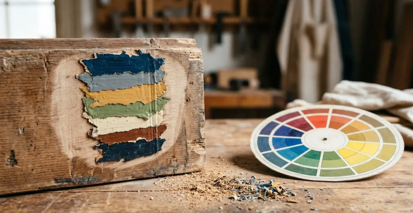 Macro detail of historic paint layers revealed through careful sanding showing natural mineral-based pigments and color archaeology