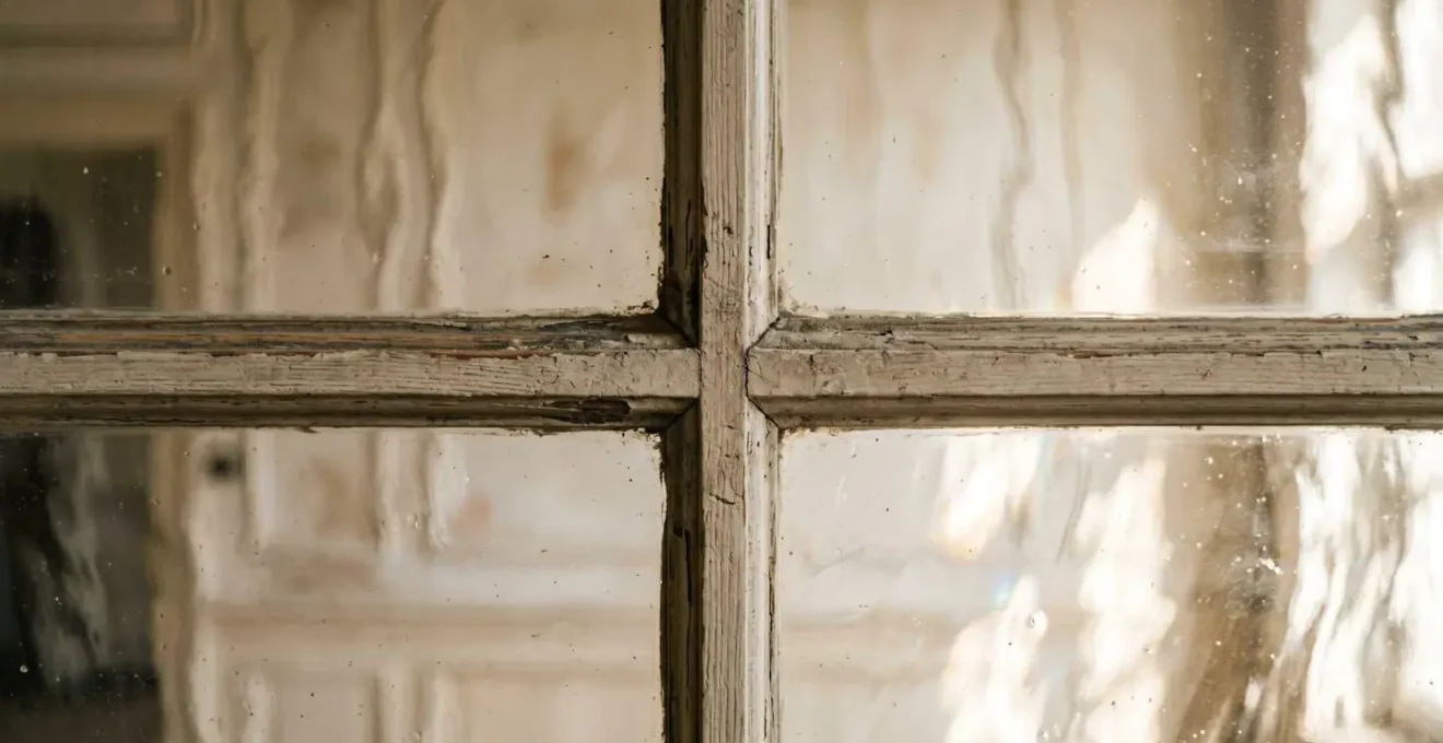 Close-up comparison of authentic historic window glass showing unique light reflections and craftsmanship details