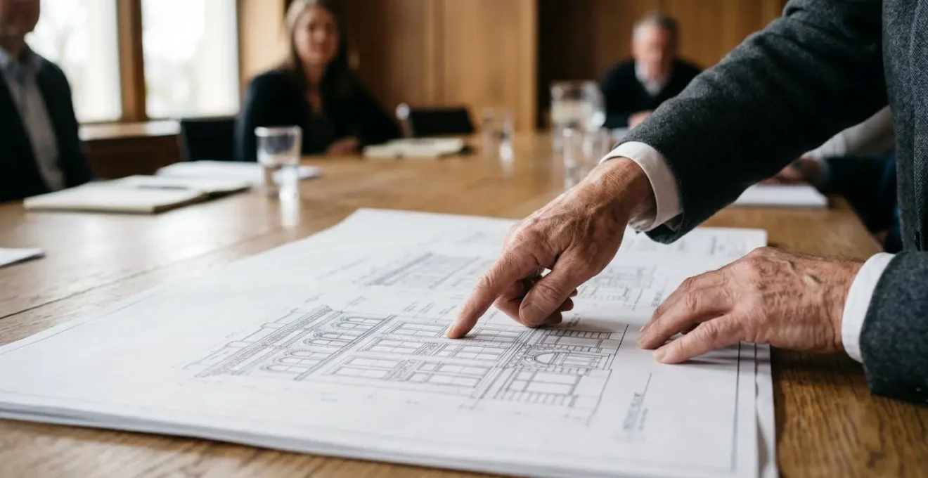 Close-up of architect's hands presenting detailed facade restoration drawings during Landmarks Commission review meeting