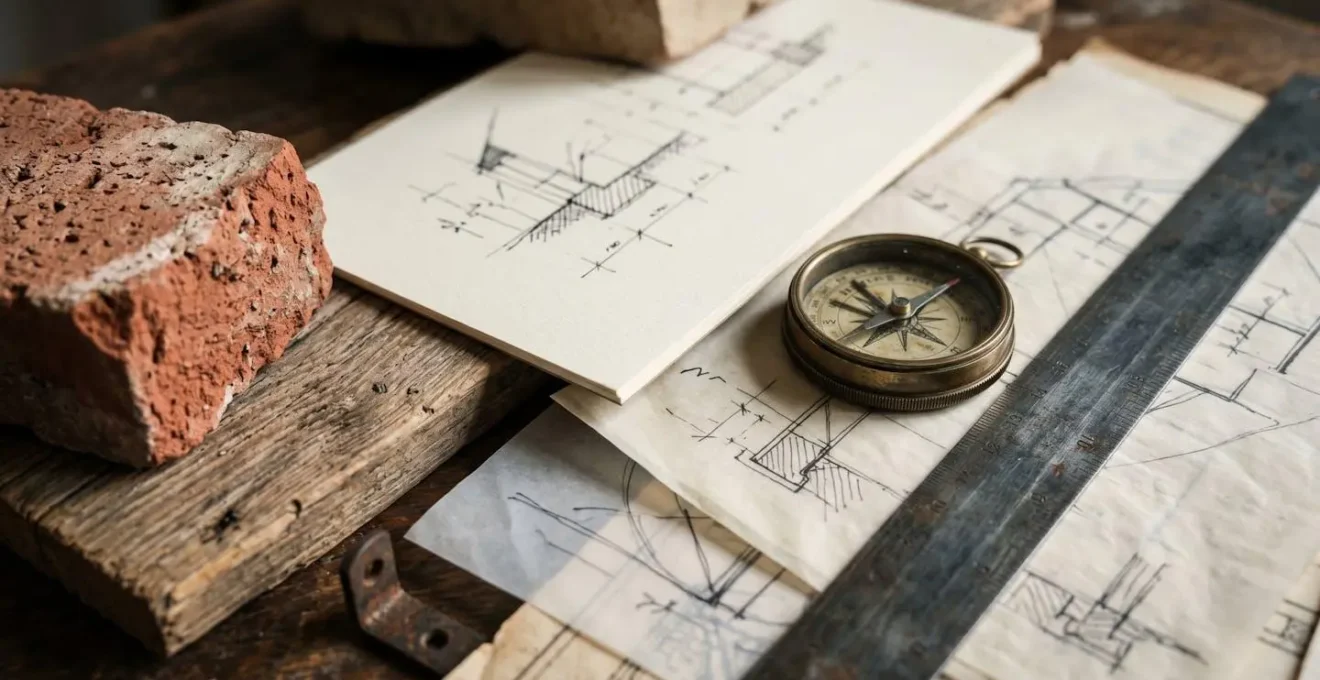 Architectural documents and blueprints layered with measuring tools showing the complexity of historic building renovation planning