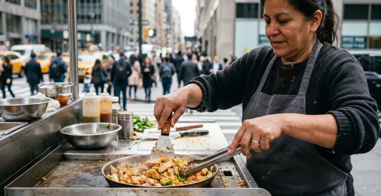 Food vendor setup during Midtown Manhattan lunch rush