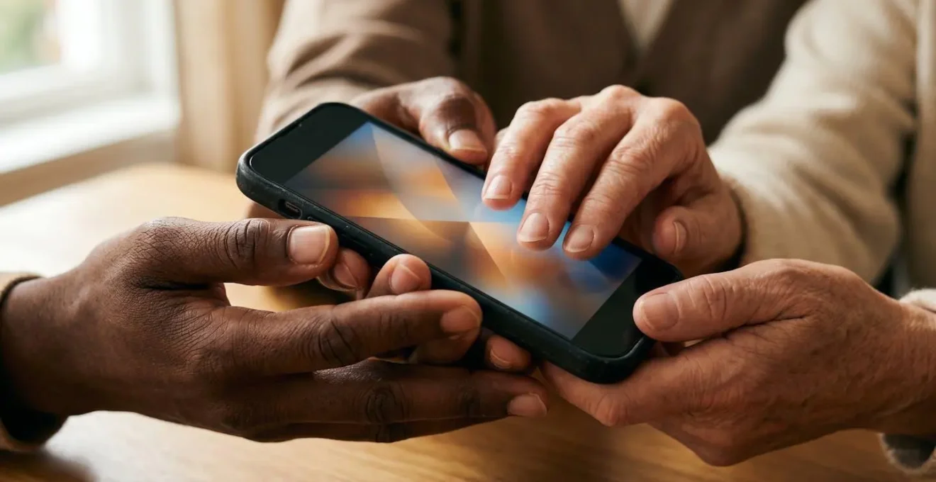 Close-up hands holding smartphone showing digital fundraising interface, representing the evolution from 1920s rent parties to modern crowdfunding for Harlem musicians