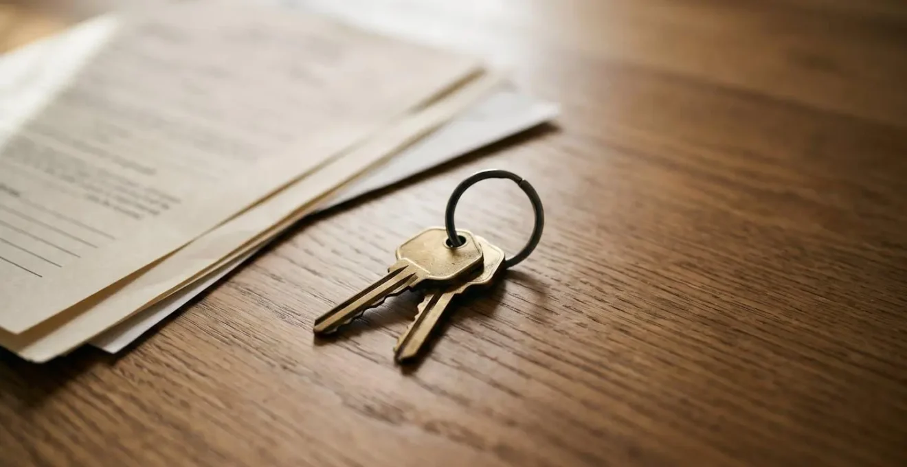 Apartment keys resting on a wooden table next to lease paperwork in soft natural light