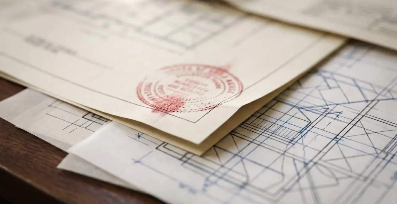 Macro detail of architectural blueprint corner with official NYC Department of Buildings stamp and layered technical drawings showing zoning compliance calculations