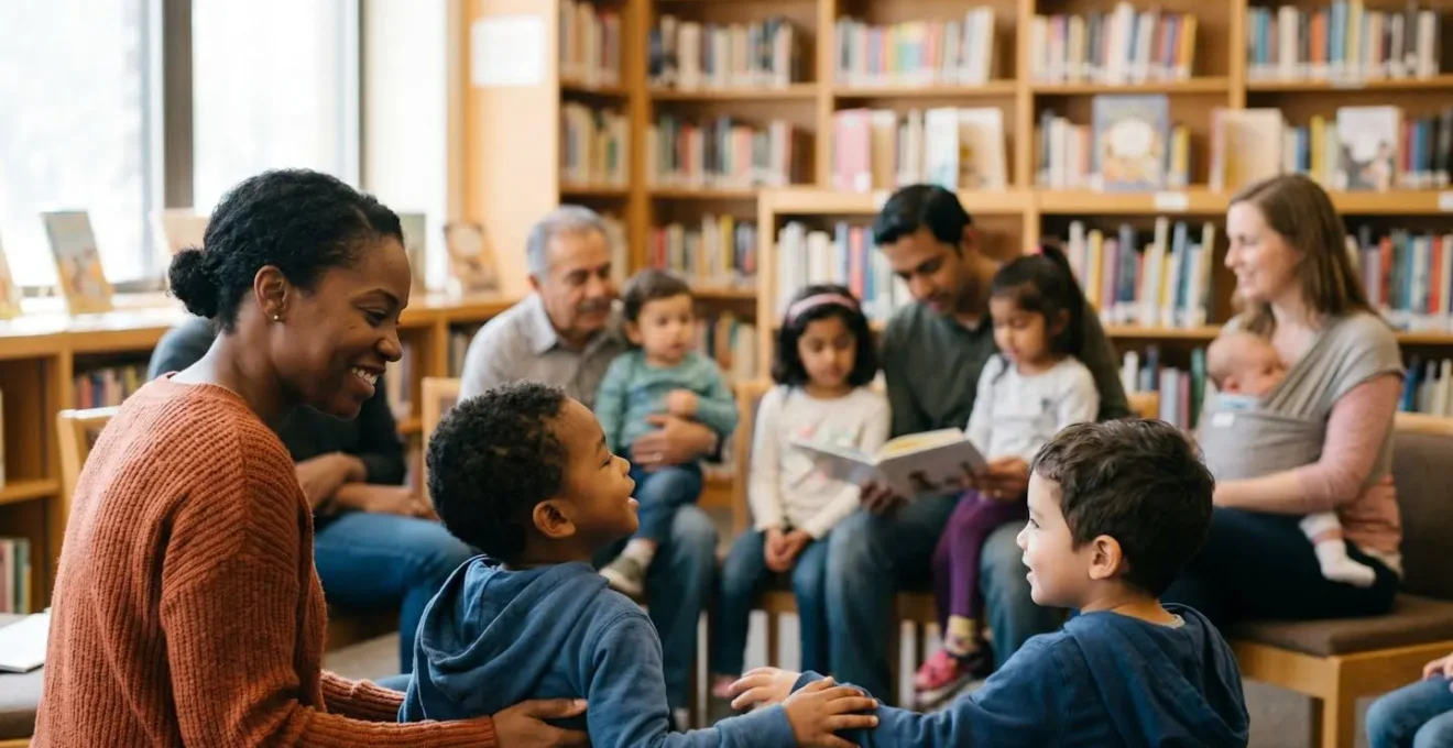 Warmly lit community library children's section during story time, showing diverse families gathered in intimate circle creating connection