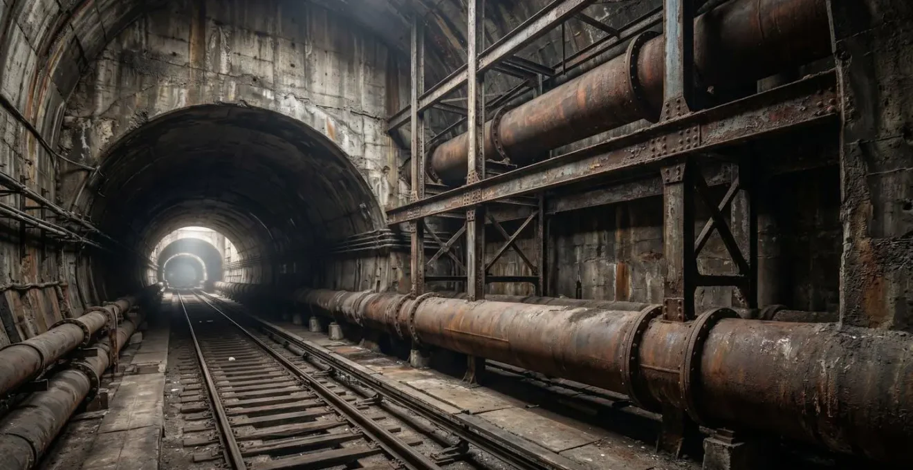Wide environmental shot of New York City's aging underground infrastructure tunnels with century-old water mains and subway systems