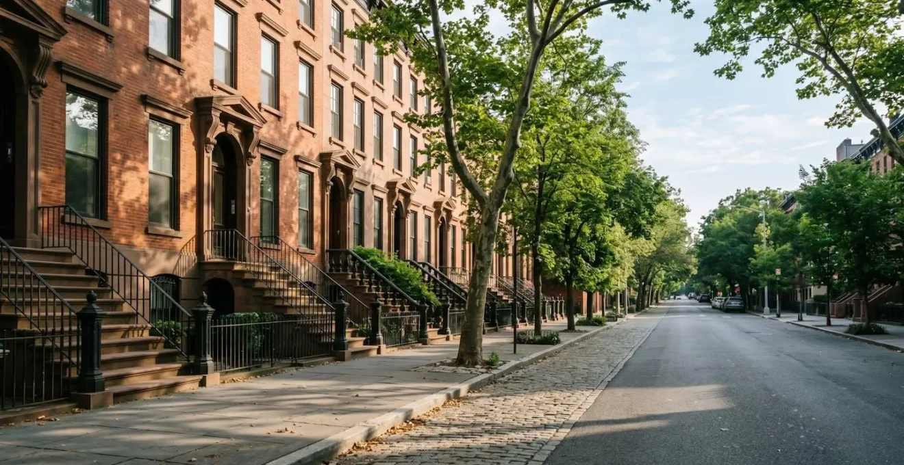 Tranquil New York City residential side street with morning sunlight filtering through buildings