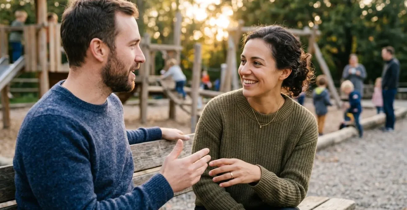 Close-up of hands and gestures during parent interaction at playground showing community building moment