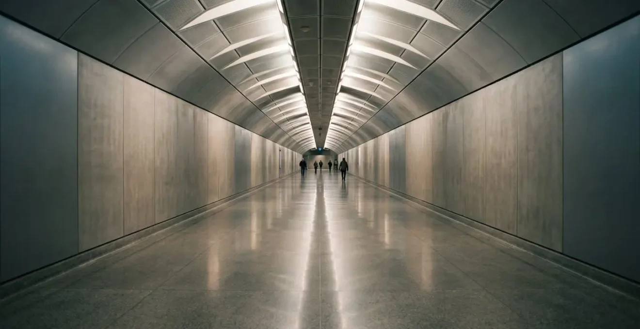 Modern underground concourse tunnel in New York with clean architectural lines and soft lighting