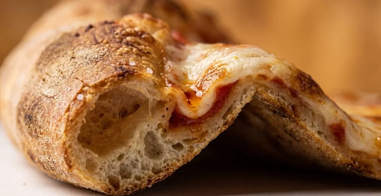 Macro close-up showing the structural transformation of a pizza slice from flat to folded U-channel configuration, emphasizing the increased rigidity and prevented tip sag