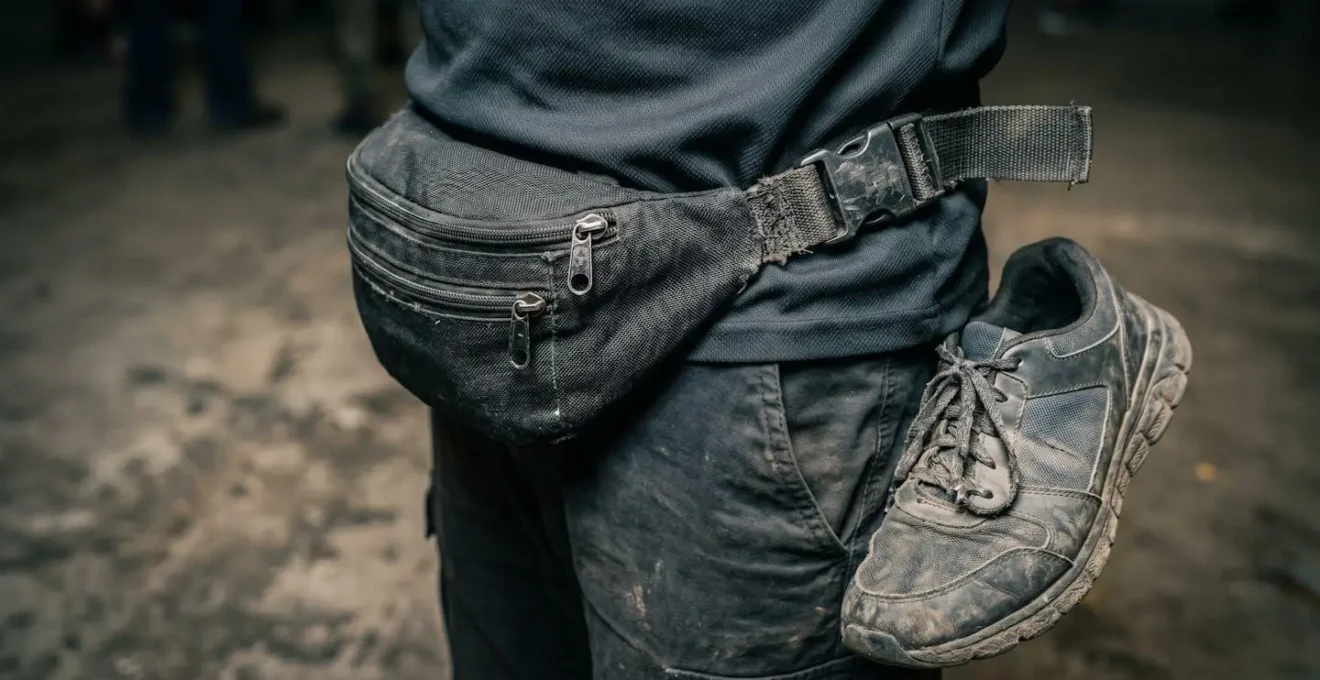 Detailed view of functional warehouse party attire emphasizing practicality and social camouflage