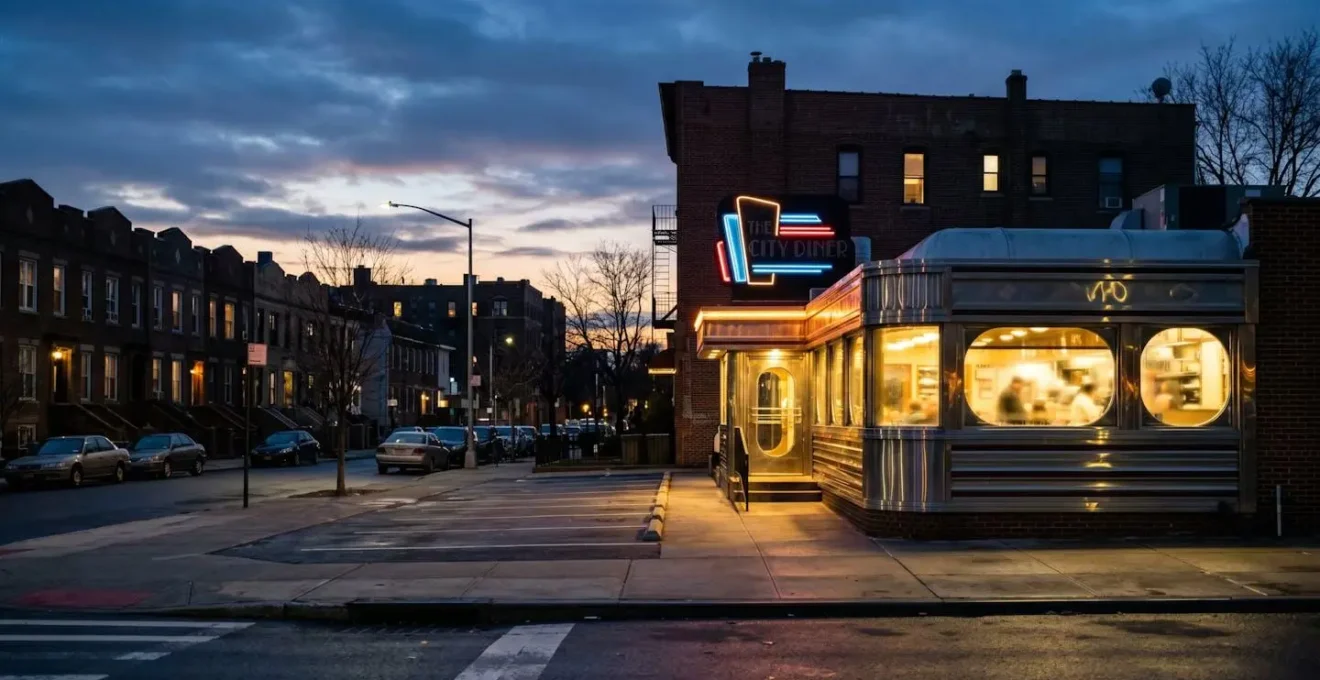 Atmospheric view of classic Queens diner exterior at dusk with warm interior lighting