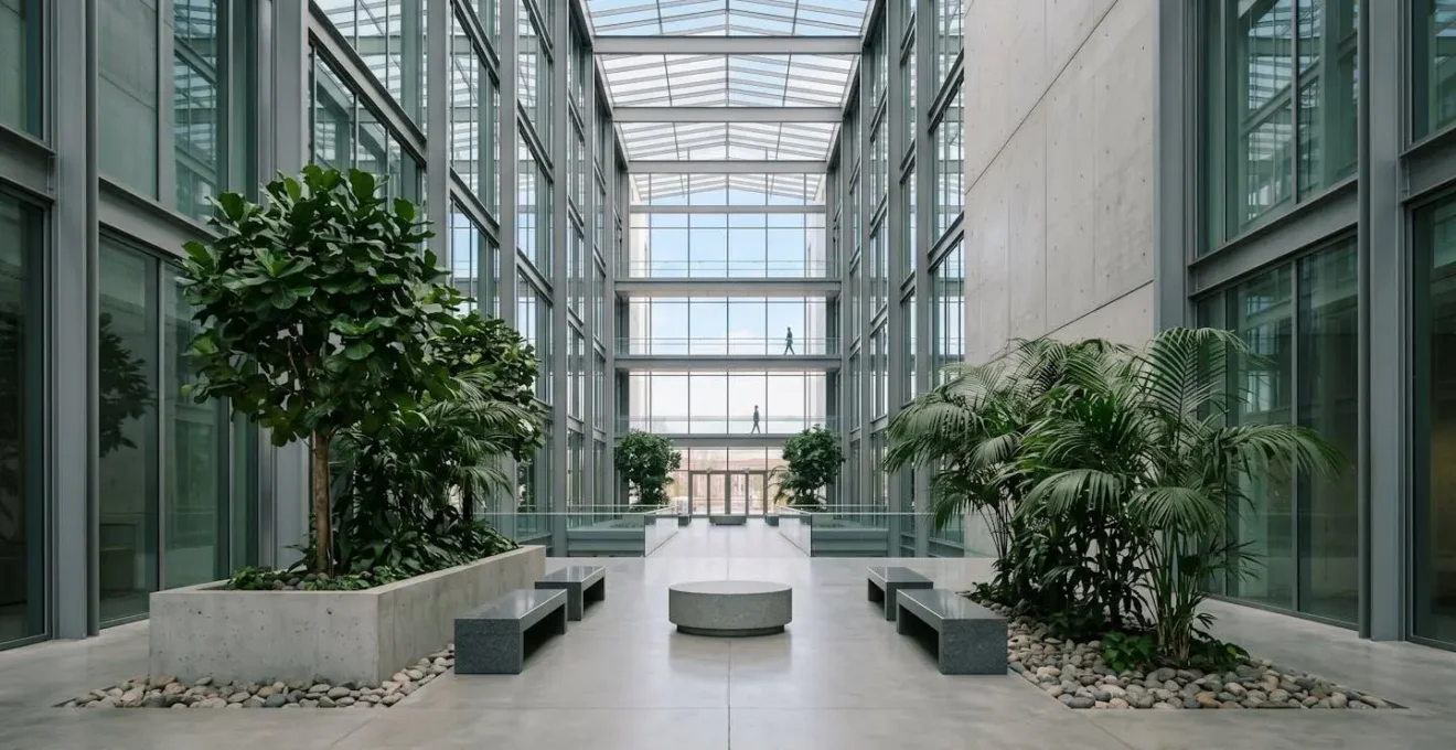 Quiet indoor atrium in Midtown Manhattan corporate building