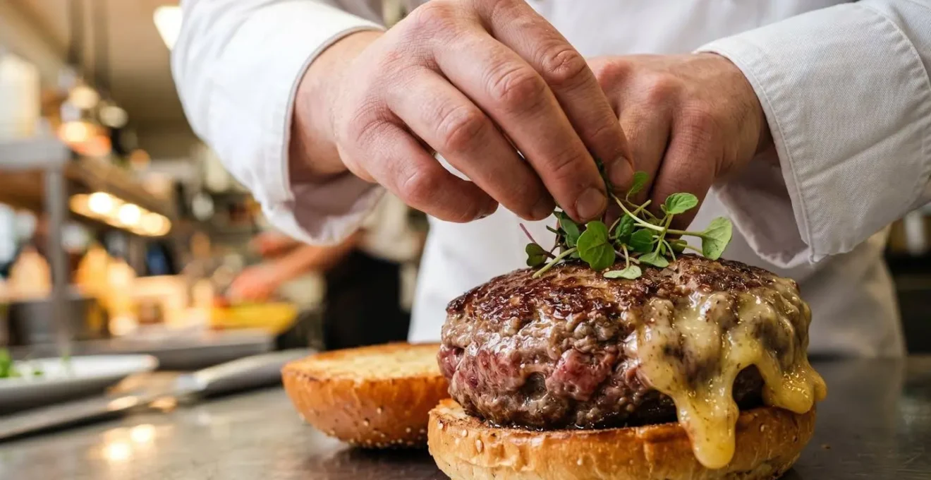 Close-up of chef's hands preparing an exclusive off-menu dish in professional kitchen