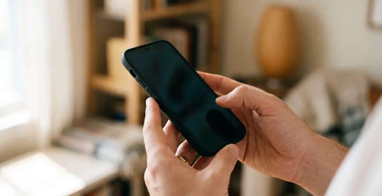Close-up of hands holding smartphone with warm lighting showing secure verification gesture