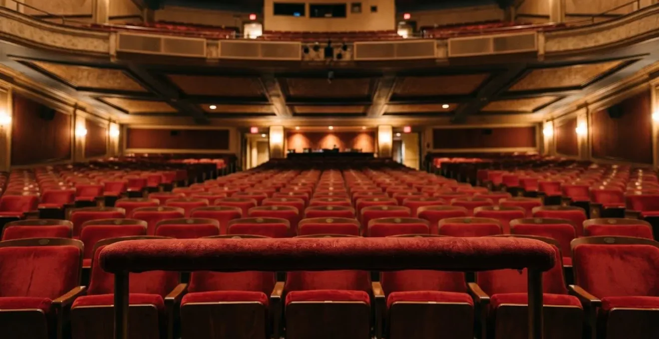 Wide angle view from back of theater showing padded rail and empty standing position