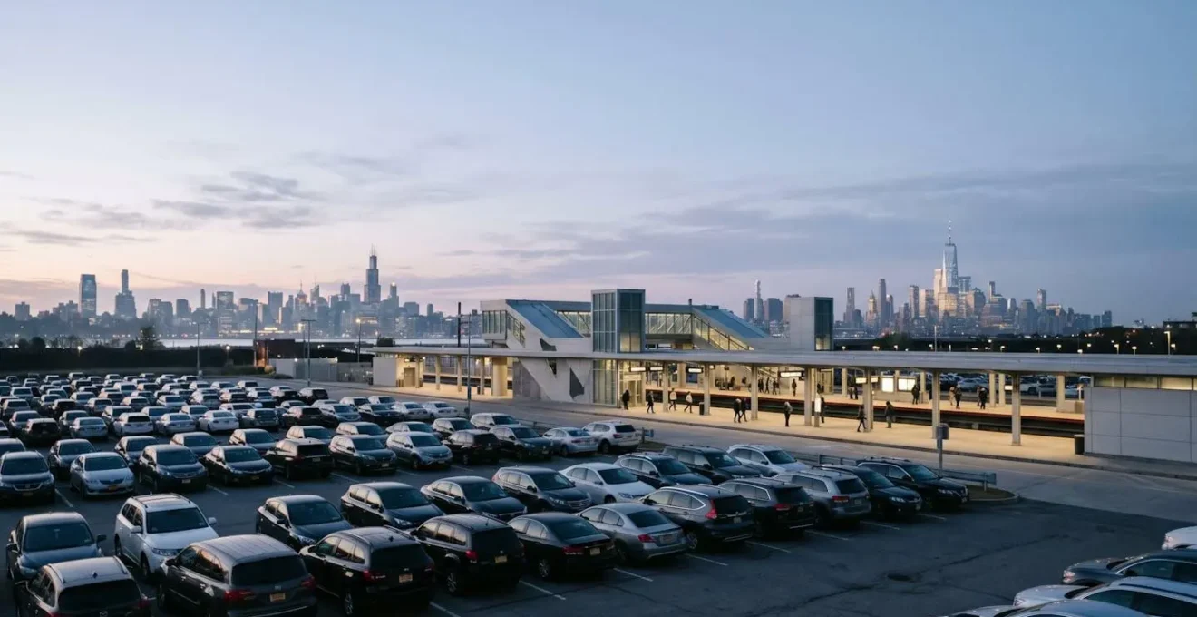 Wide-angle view of park-and-ride facility at dawn with commuters transitioning from personal vehicles to public transit
