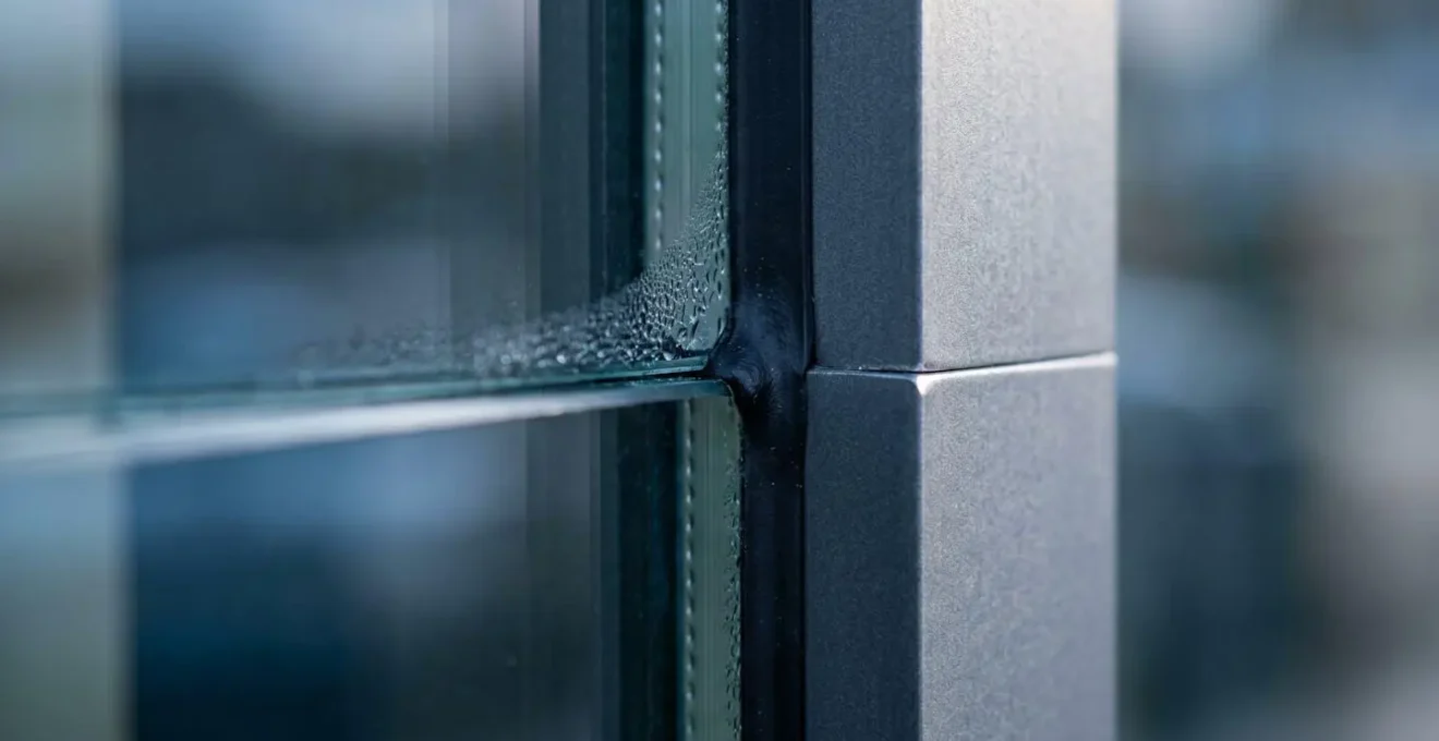 Close-up macro view of glass facade edge with condensation droplets showing thermal performance