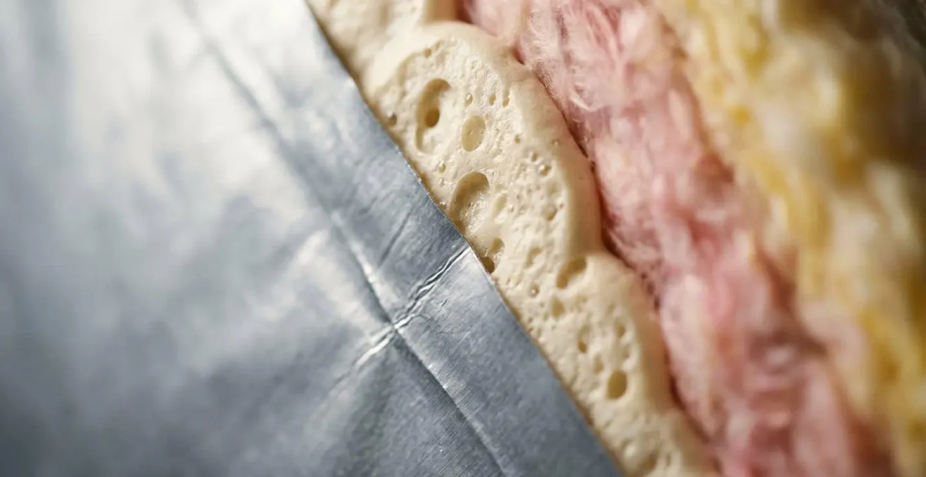 Macro detail of building insulation materials and thermal barrier showing energy efficiency layers