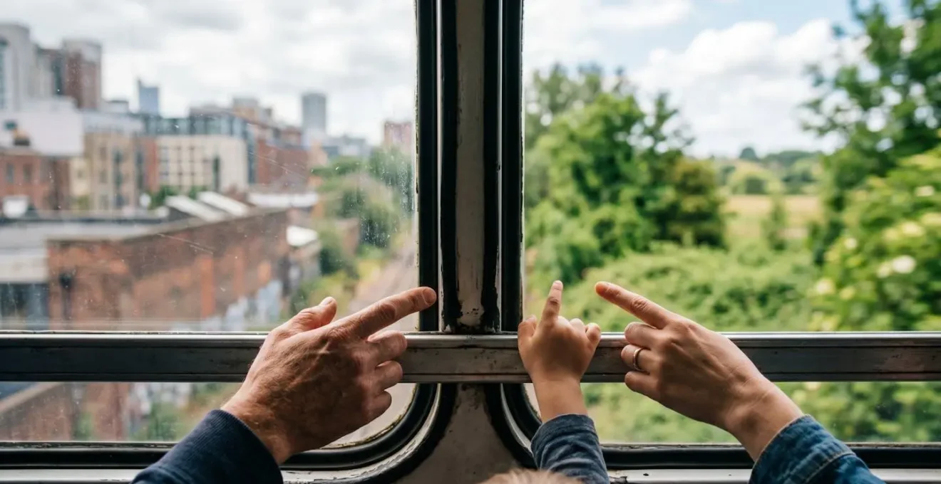 Symbolic composition showing transition from urban to natural environment through train window perspective