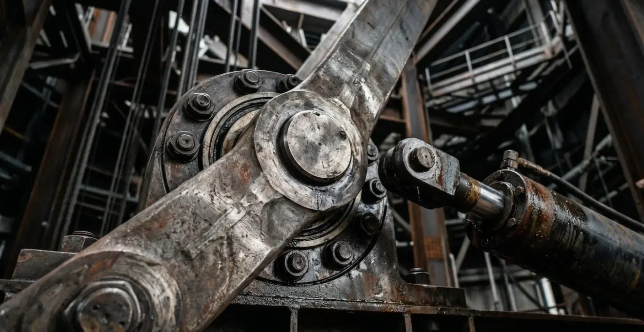 Close-up view of massive industrial counterweight mechanism suspended inside a skyscraper's mechanical floor