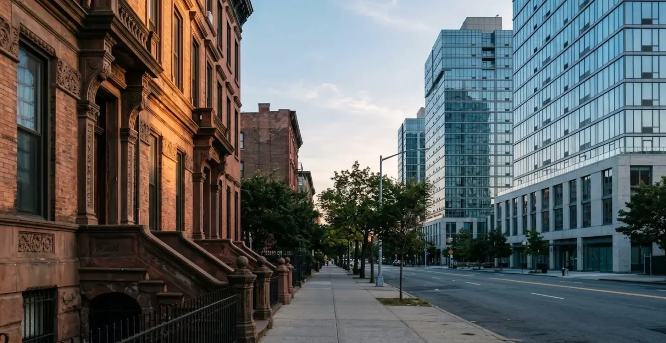 Wide environmental view contrasting historic Harlem brownstone architecture with modern glass condominiums in background, illustrating neighborhood gentrification and cultural displacement