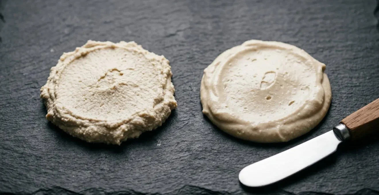 Extreme close-up macro photograph comparing the textural details of tofu-based and cashew-based vegan cream cheese spreads