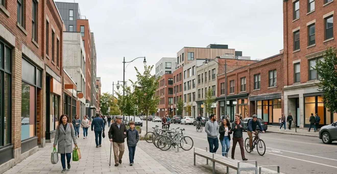 Wide view of a diverse urban street with pedestrians, small businesses, and organic community activity