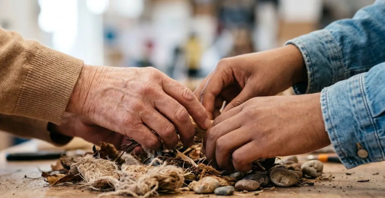 Close-up of hands working together on community project showing continuity and relationship building
