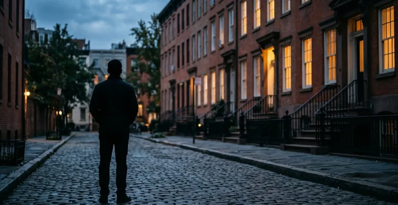 Intimate street-level view of historic West Village townhouse entrance with traditional architectural details at dusk