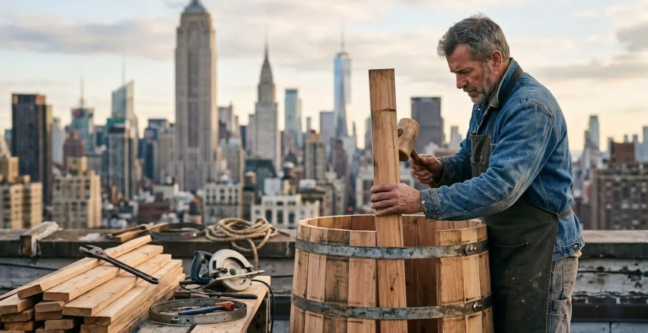 Human portrait of artisan craftsman assembling traditional wooden water tank components on New York rooftop