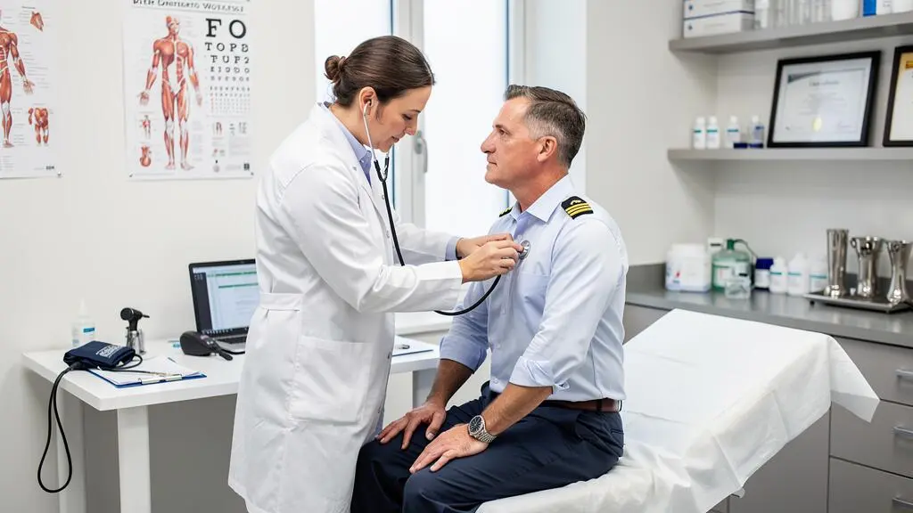 Aviation medical examiner conducting FAA Class 1 medical certification examination on commercial airline pilot in specialized medical clinic