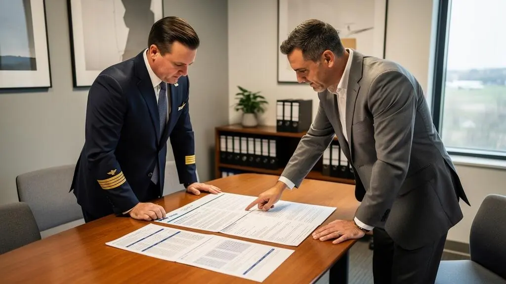 Commercial pilot consulting with aviation insurance broker reviewing international loss of license coverage policy documentation